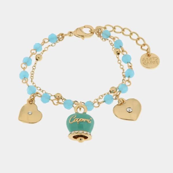 Bracciale in Metallo con campana smaltata azzurra e cuoricini pendenti — collezione belvedere