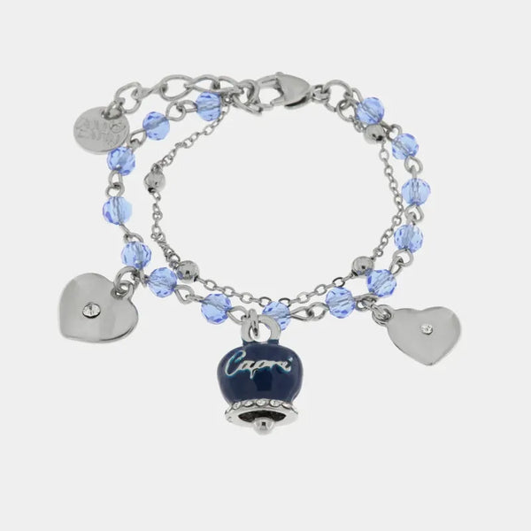 Bracciale in Metallo con campana smaltata blu e cuoricini pendenti — collezione belvedere