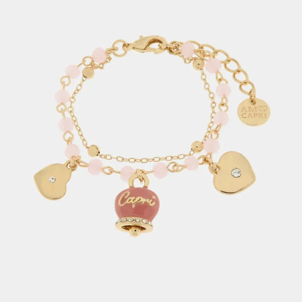 Bracciale in Metallo con campana smaltata rosa e cuoricini pendenti — collezione belvedere