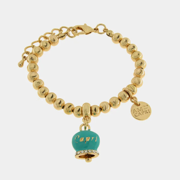 Bracciale in Metallo con campanella portafortuna blu turchese e cristalli — collezione belvedere