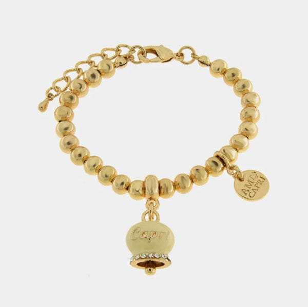 Bracciale in Metallo con campanella portafortuna crema e cristalli — collezione belvedere