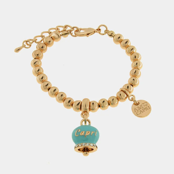 Bracciale in Metallo con campanella portafortuna turchese e cristalli — collezione belvedere