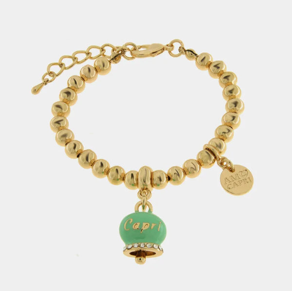 Bracciale in Metallo con campanella portafortuna verde menta e cristalli — collezione belvedere