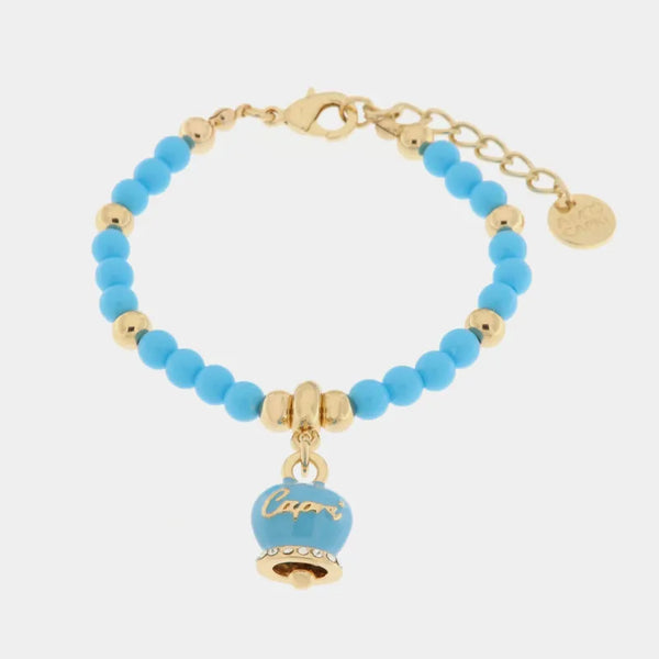 Bracciale in Metallo con campanella smaltata turchese e perline — collezione belvedere