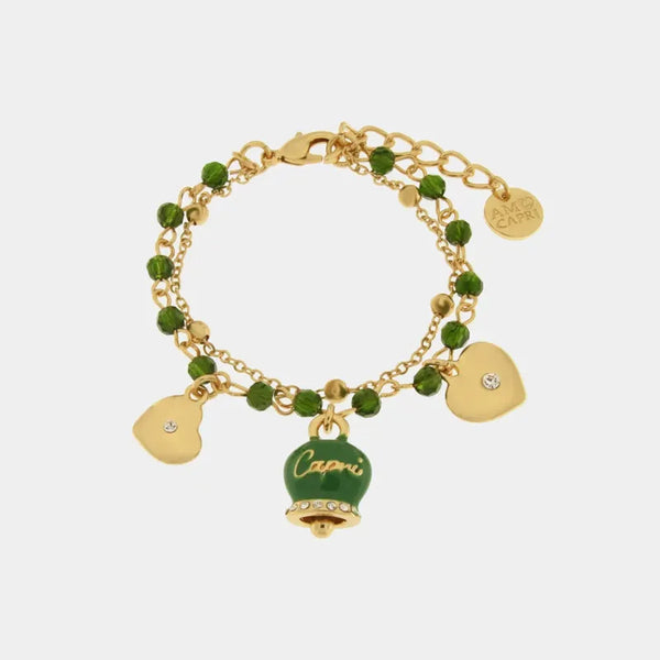 Bracciale in Metallo multifilo con campanella e pietre verdi — collezione belvedere