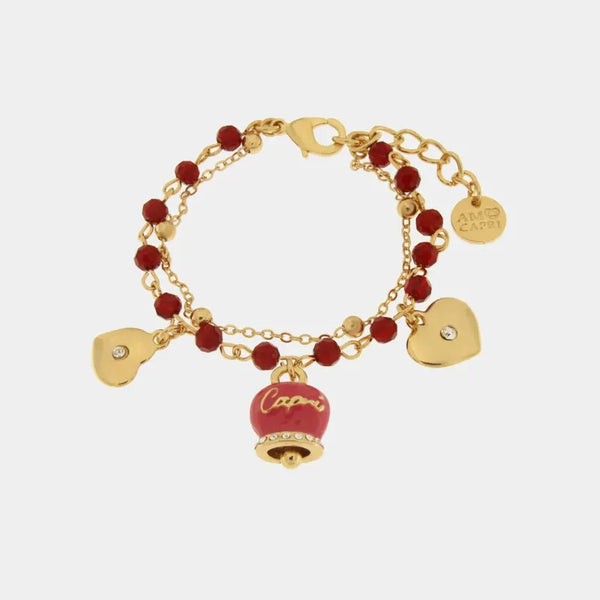 Bracciale in Metallo multifilo con campanella fucsia e pietre rosse — collezione belvedere