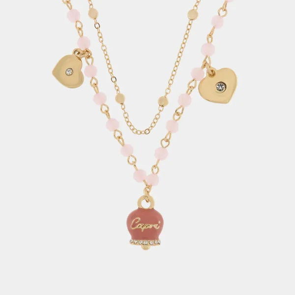 Collana in Metallo con campana smaltata rosa e cuoricini pendenti — collezione belvedere