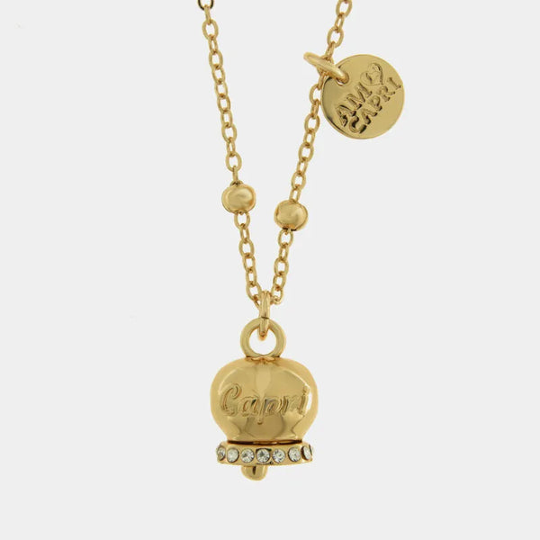 Collana in Metallo con campanella portafortuna dorata e cristalli — collezione belvedere