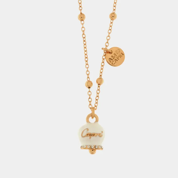 Collana Metallo Campanella Portafortuna - Smalto Bianco e Cristalli — collezione belvedere