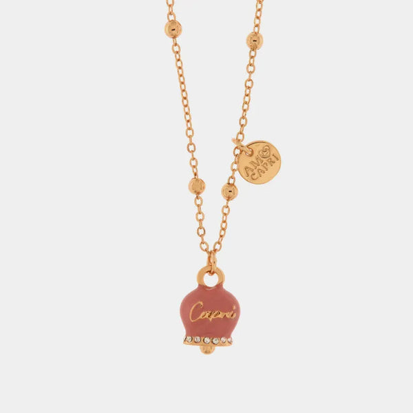 Collana in Metallo con campanella portafortuna pendente impreziosita da smalto rosa e cristalli — collezione belvedere