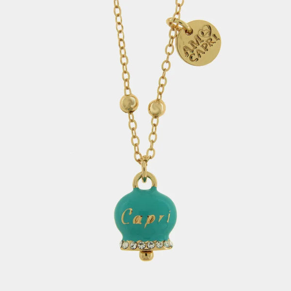 Collana in Metallo con campanella portafortuna turchese e cristalli — collezione belvedere