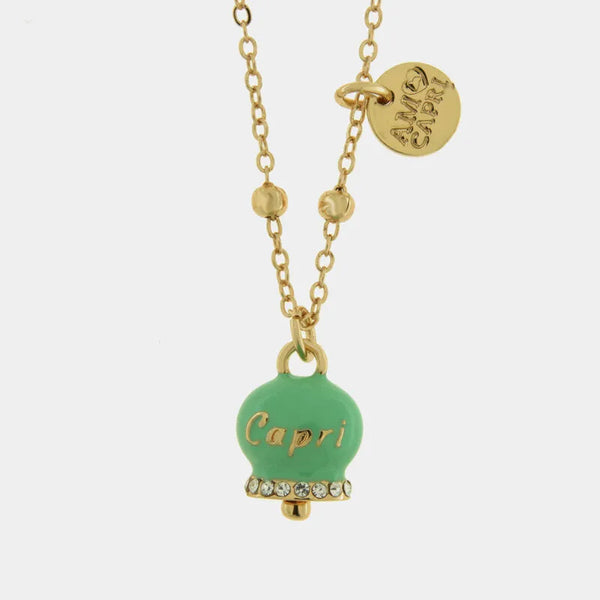 Collana in Metallo con campanella portafortuna verde menta e cristalli — collezione belvedere