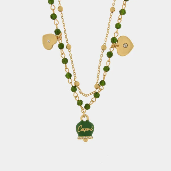 Collana in Metallo multifilo con campanella e pietre verdi — collezione belvedere