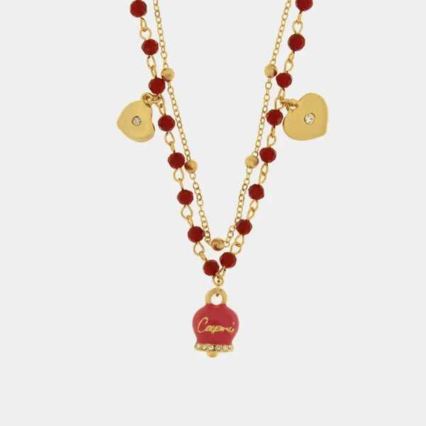 Collana in Metallo multifilo con campanella fucsia e pietre rosse — collezione belvedere