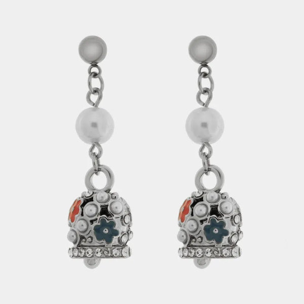 Orecchini in Acciaio con campanelle impreziosite da perle e fiori blu e rossi — collezione chic