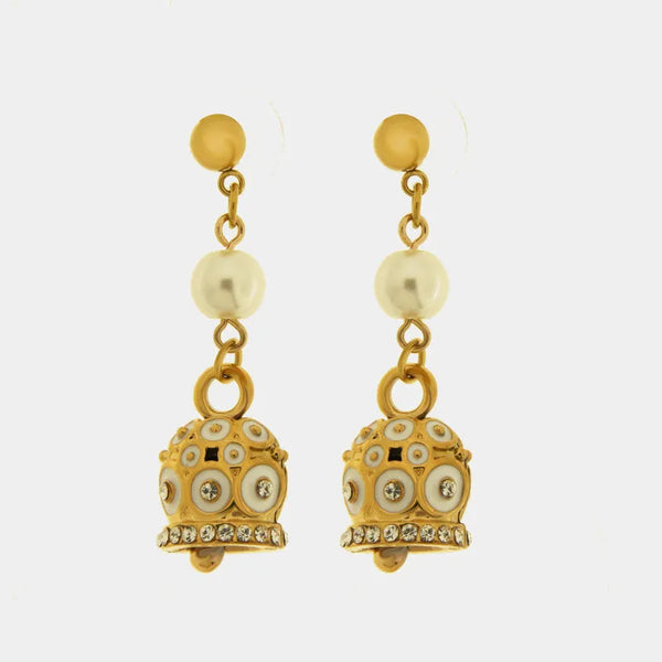Orecchini in Acciaio con perle e campanelle a pois bianchi impreziosite da cristalli — collezione chic