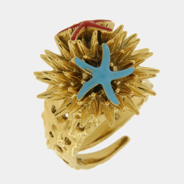 Anello in Metallo con riccio di mare con stelle marine — collezione erisos