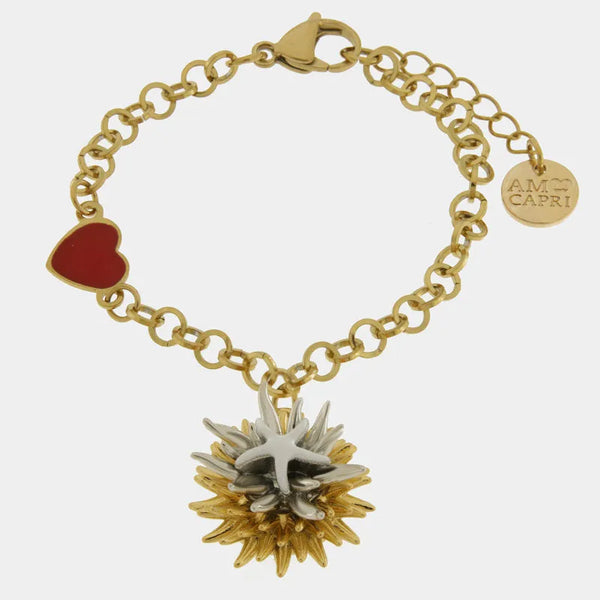Bracciale in Metallo con riccio di mare placcato oro e argento stella bianca e cuore — collezione erisos