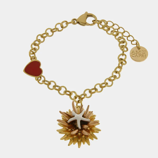 Bracciale in Metallo con riccio di mare placcato oro e stella bianca e cuore — collezione erisos