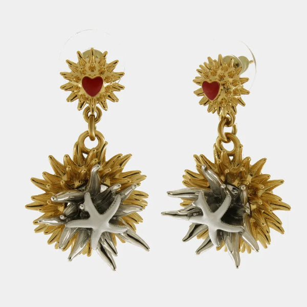 Orecchini in Metallo con cuore  e riccio di mare con stella marina bianca — collezione erisos