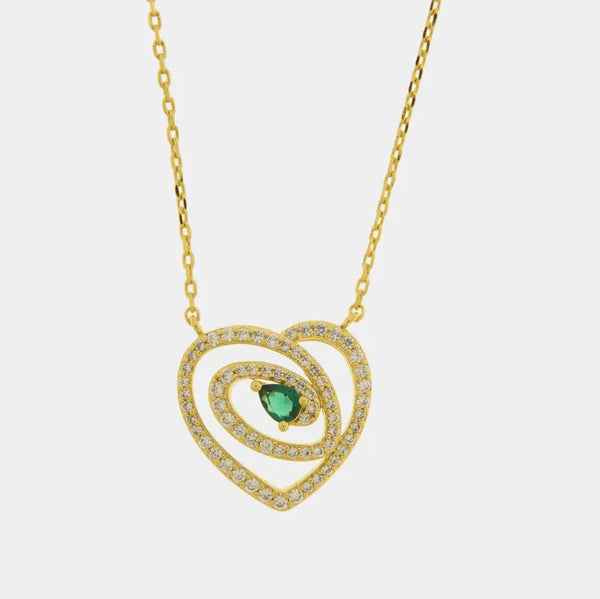 Collana in Metallo cuore intrecciato con punto luce verde — collezione eterna