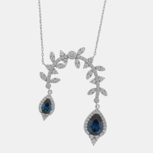 Collana in Metallo goccia blu e foglie zirconate — collezione eterna