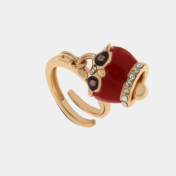 Anello in Metallo con campanella portafortuna a gufo impreziosita da smalto rosso e nero e cristalli bianchi — collezione Faraglioni