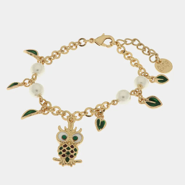 Bracciale in Metallo con gufo portafortuna, cristalli verdi e perle — collezione Faraglioni