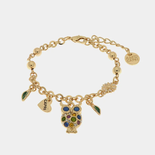 Bracciale in Metallo con gufo portafortuna e cristalli verdi — collezione Faraglioni