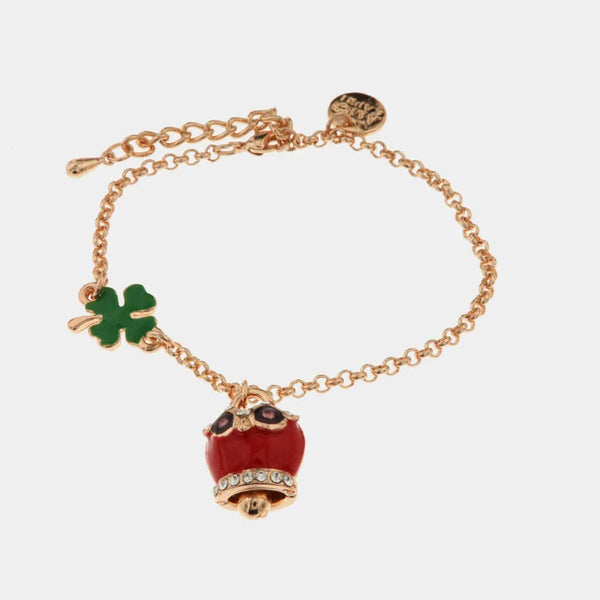 Bracciale in Metallo con quadrifoglio e campanella portafortuna a gufo con smalto rosso e cristalli bianchi — collezione Faraglioni