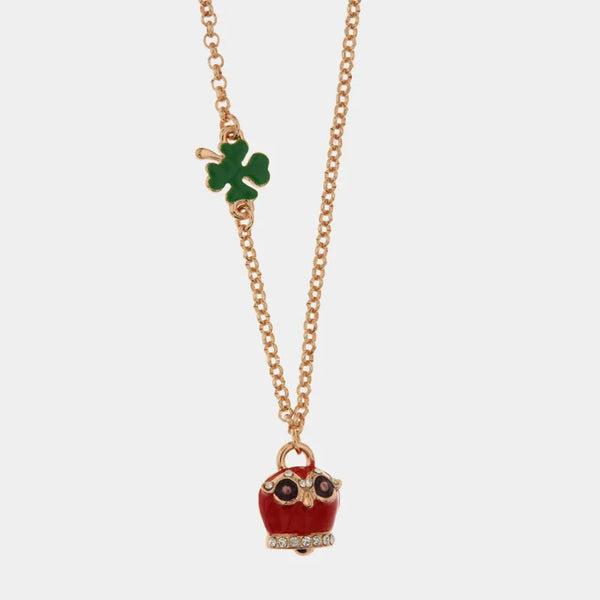 Collana in Metallo con quadrifoglio e campanella portafortuna a gufo con smalto rosso e cristalli bianchi — collezione Faraglioni