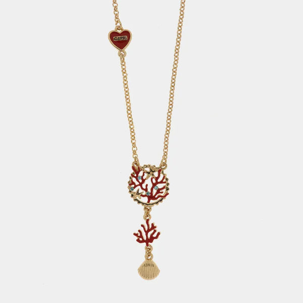 Collana in Metallo pendente coralli rossi e conchiglia — collezione Faraglioni