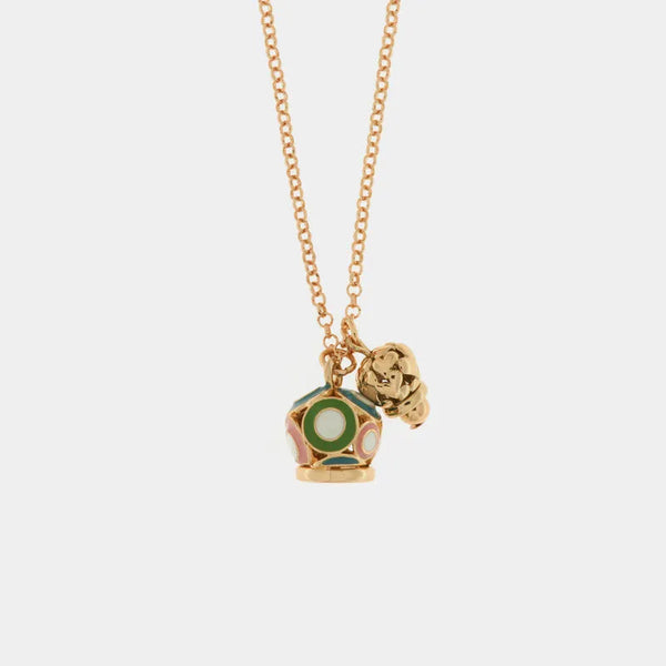 Collana in Metallo con campana pendente colorata e piccola campanella traforata a cuori — collezione grotta azzurra