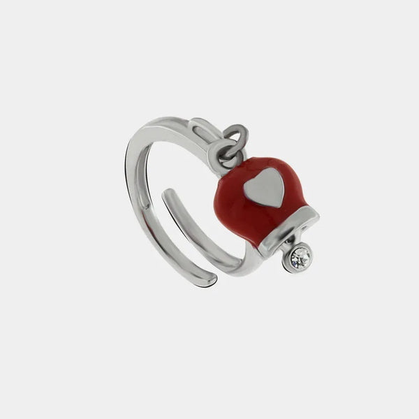 Anello in Metallo con campanella portafortuna rossa e cuore, impreziosita da cristalli bianchi — collezione nodi
