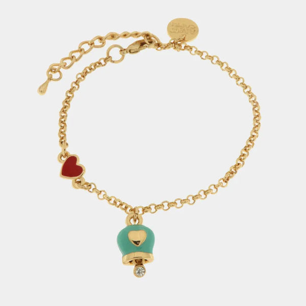 Bracciale in Metallo con campanella portafortuna in smalto turchese e cuore rosso — collezione nodi