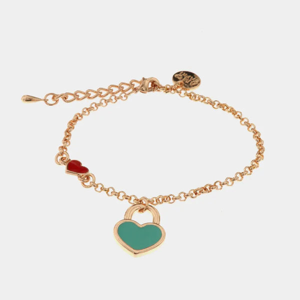 Bracciale in Metallo con cuore rosso e lucchetto a forma di cuore con smalto turchese — collezione nodi