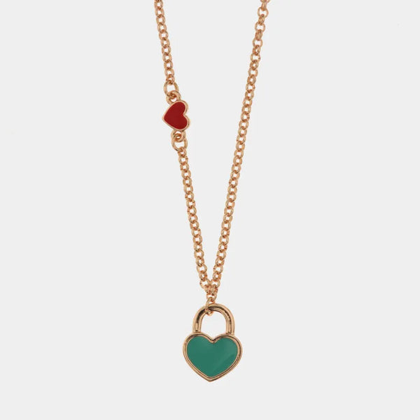 Collana in Metallo con cuore rosso e lucchetto a cuore con smalto turchese — collezione nodi