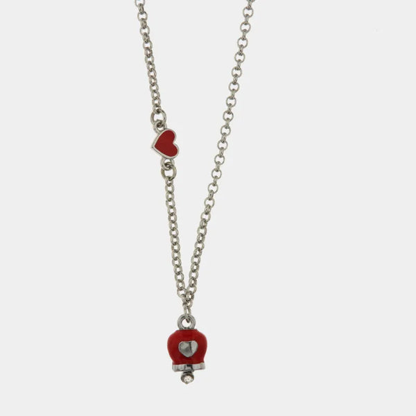 Collana in Metallo con dettaglio cuore rosso e campanella portafortuna rossa con cuore centrale e cristalli bianchi — collezione nodi