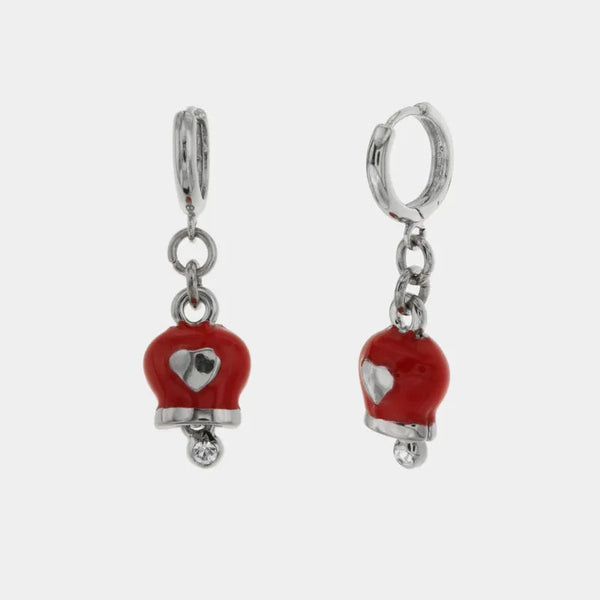 Orecchini in Metallo con chiusura a scatto e campanella portafortuna rossa con cuore e cristalli bianchi — collezione nodi