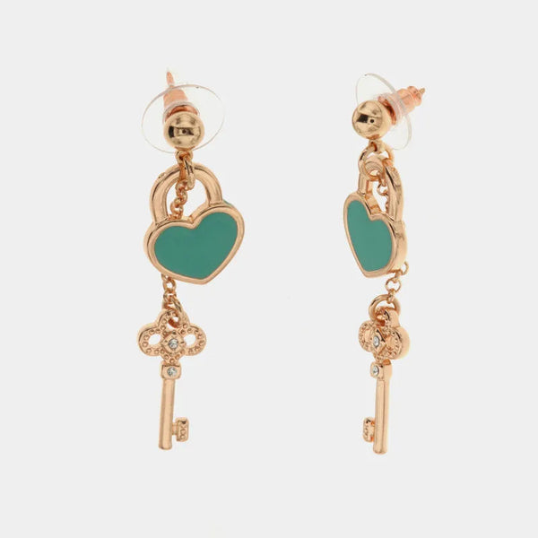 Orecchini in Metallo con lucchetto a cuore e chiave con smalto turchese e cristalli bianchi — collezione nodi