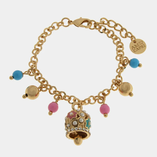 Bracciale in Metallo campanella fiori sfere rosa — collezione Onda Azzurra