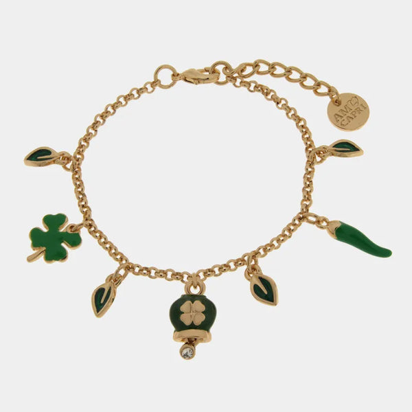 Bracciale in Metallo con campanella con quadrifoglio verde portafortuna, corno verde, quadrifoglio e foglie — collezione Onda Azzurra