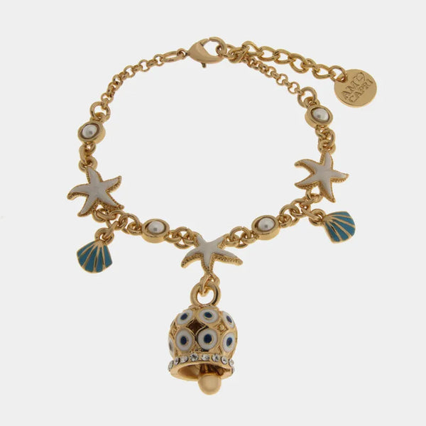 Bracciale in Metallo con campanella dorata e blu con cristalli in rilievo e stelle marine con conchiglie — collezione Onda Azzurra