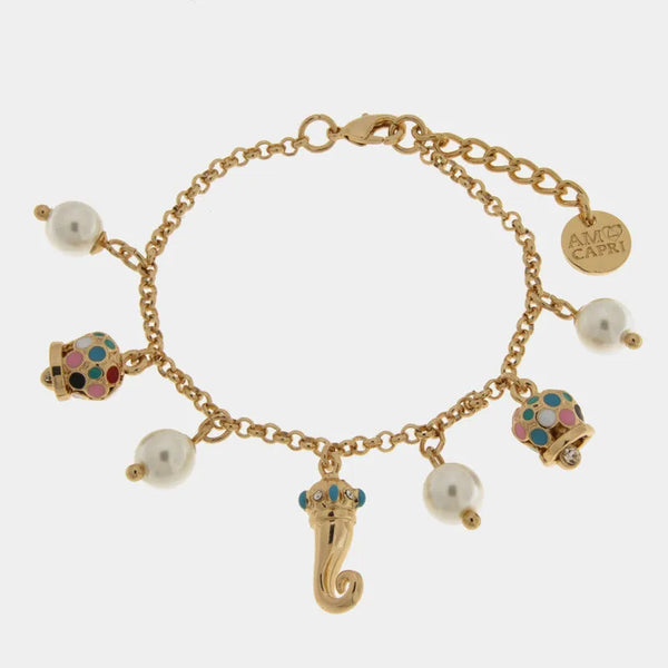Bracciale in Metallo con corno dorato, campanelle multicolore e sfere bianche — collezione Onda Azzurra