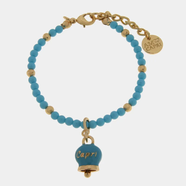 Bracciale in Metallo con filo di sfere azzurre e campanella azzurra con scritta capri — collezione Onda Azzurra