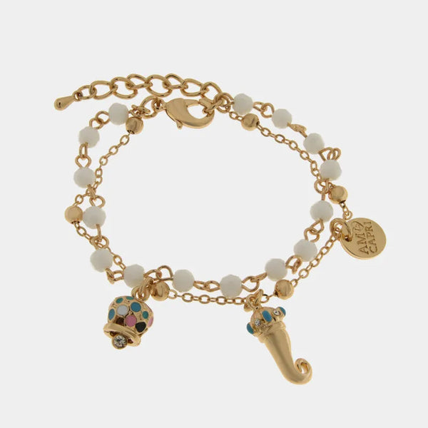 Bracciale in Metallo multifilo con sfere bianche, corno dorato con dettagli azzurri e campanella multicolore — collezione Onda Azzurra