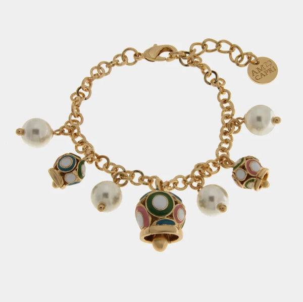 Bracciale in Metallo sfere bianche campanelle multicolor — collezione Onda Azzurra