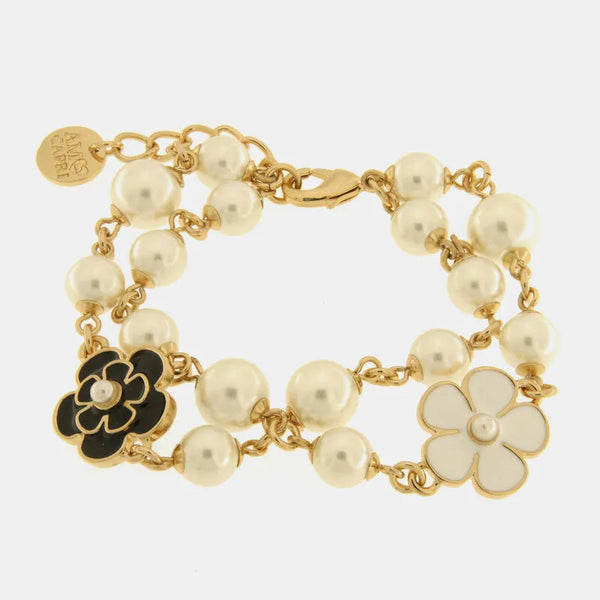 Bracciale in Metallo sfere bianche fiori bianchi e neri — collezione Onda Azzurra