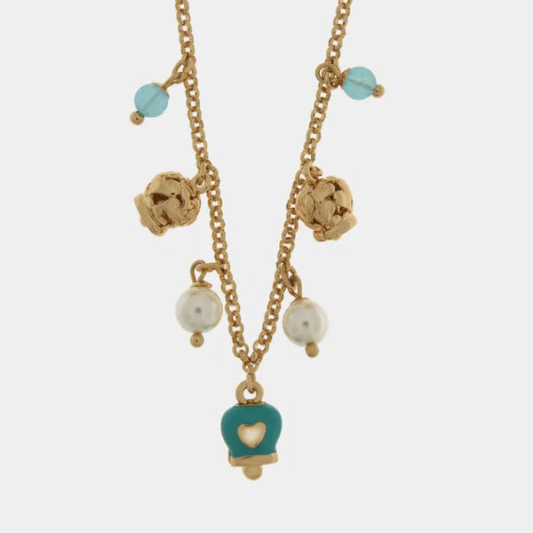 Collana in Metallo con campanella azzurra con cuore, sfere colorate e campanelle con cuori dorate — collezione Onda Azzurra