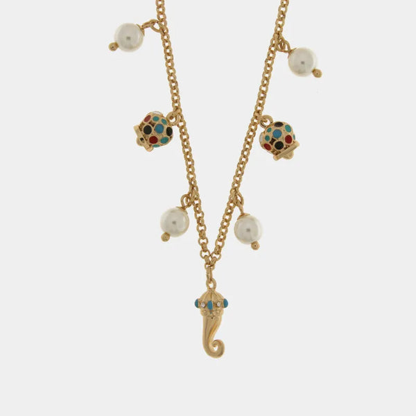 Collana in Metallo con campanelle multicolore e pendente a forma di corno dorato — collezione Onda Azzurra